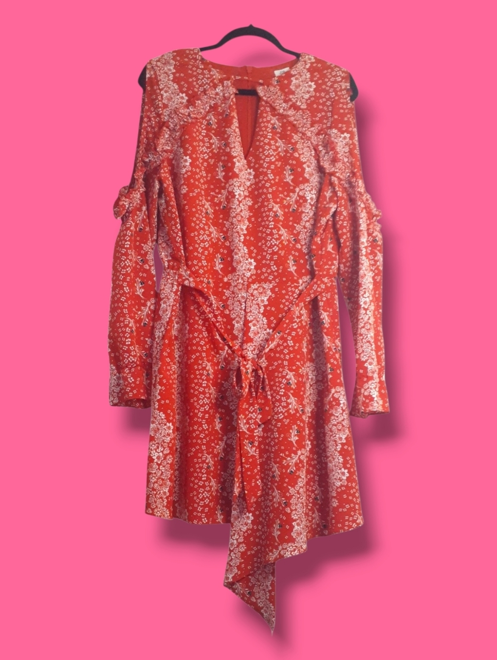NWOT River Island Red Floral Cold-Shoulder Tie-Waist Midi Dress Size L/XL